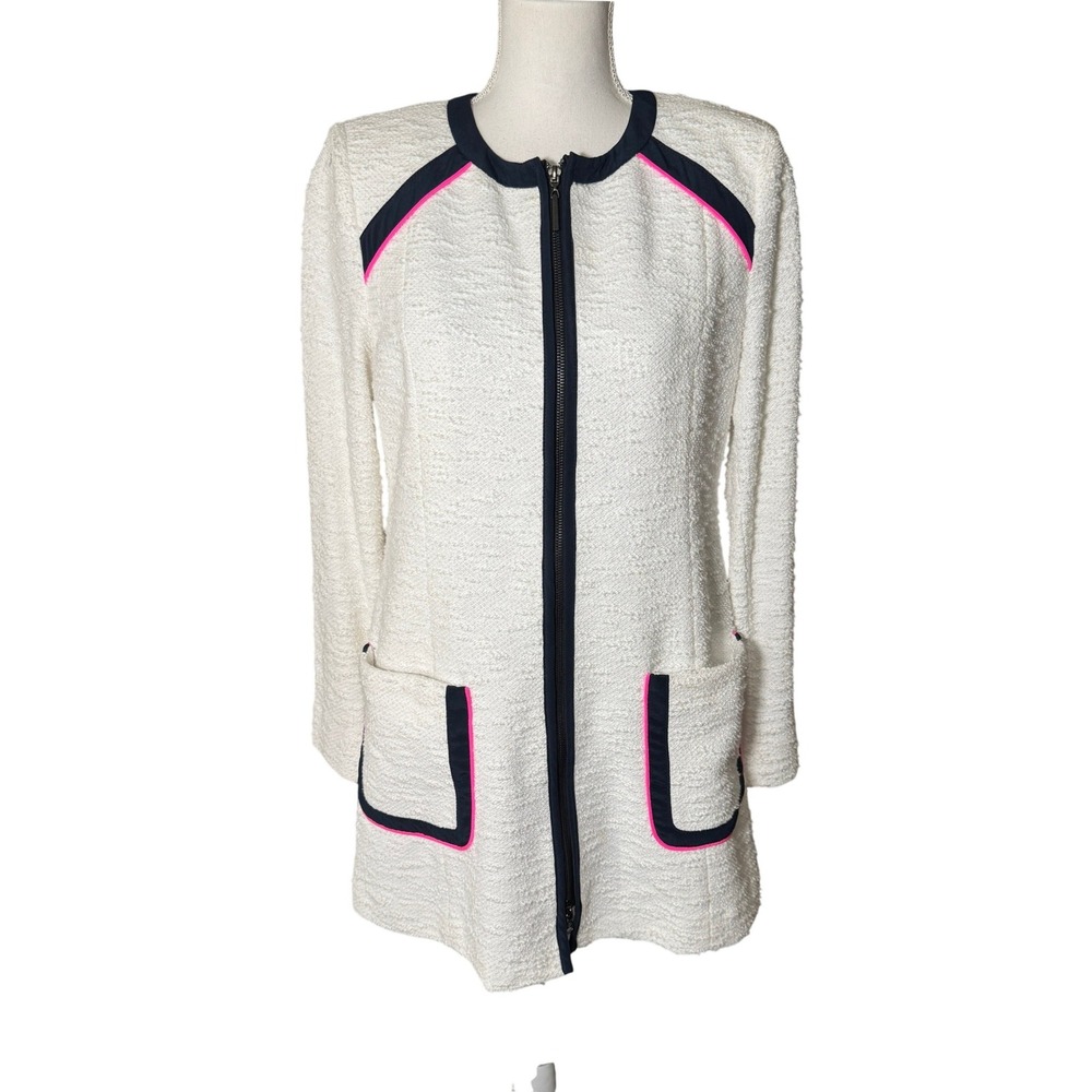 Nanette Lepore White Boucle Zip Front Jacket Navy Neon Pink Trim Women's Size 10